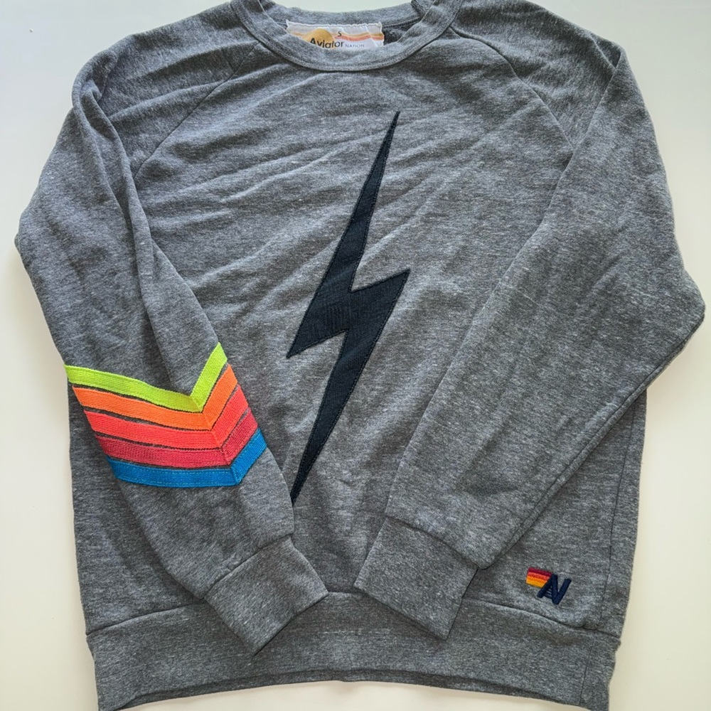 Gray Aviator Nation Lightning Bolt Crew Neck